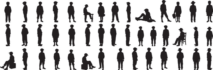 Silhouette collection of vintage boys and men vector illustration set for graphic design projects