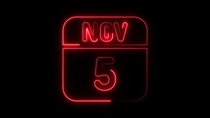 Glowing neon 5 november icon isolated on black background.a neon sign with a calendar that says "5 DAYS". HD Video motion graphic animation