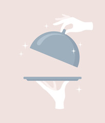 Hands in white gloves holding a cloche and opening the lid on a beige background. Flat vector illustration