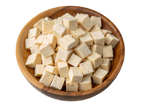 Close-Up of Tofu Cubes in Wooden Bowl Isolated on transparent background cutout, PNG file, Cutout file