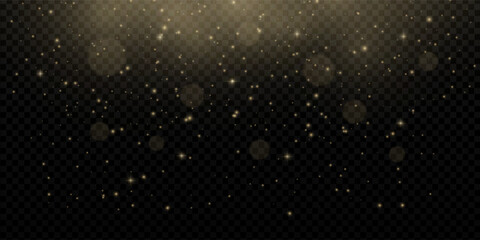 Golden light bokeh background with glitter, confetti and magical glow. Includes sparkles, flare, dust and festive shimmer. Perfect for holiday, party or New Year themes. Vector, isolated, transparent.