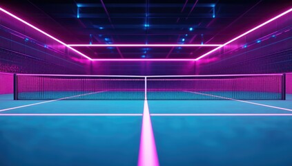 Neon-lit tennis court, futuristic, dark, vibrant