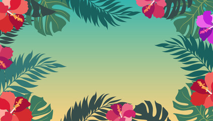 Summer background frame with palm leaves and flowers in vector.