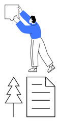 Person placing puzzle piece above a tree and document. Ideal for problem-solving, teamwork, organization, decision-making, strategy, environment, creativity. Flat simple metaphor