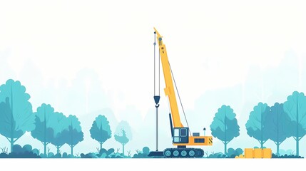 Pile driver machine working on a construction site in a natural environment.  Concept of sustainable construction, infrastructure development, and environmental responsibility.