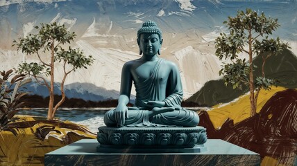 Obraz premium A serene Buddha statue in a traditional style with blue-gray and natural tones is depicted as a spiritual symbol on the background of the drawing.