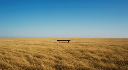 Empty wooden bench in a golden field under a clear blue sky  