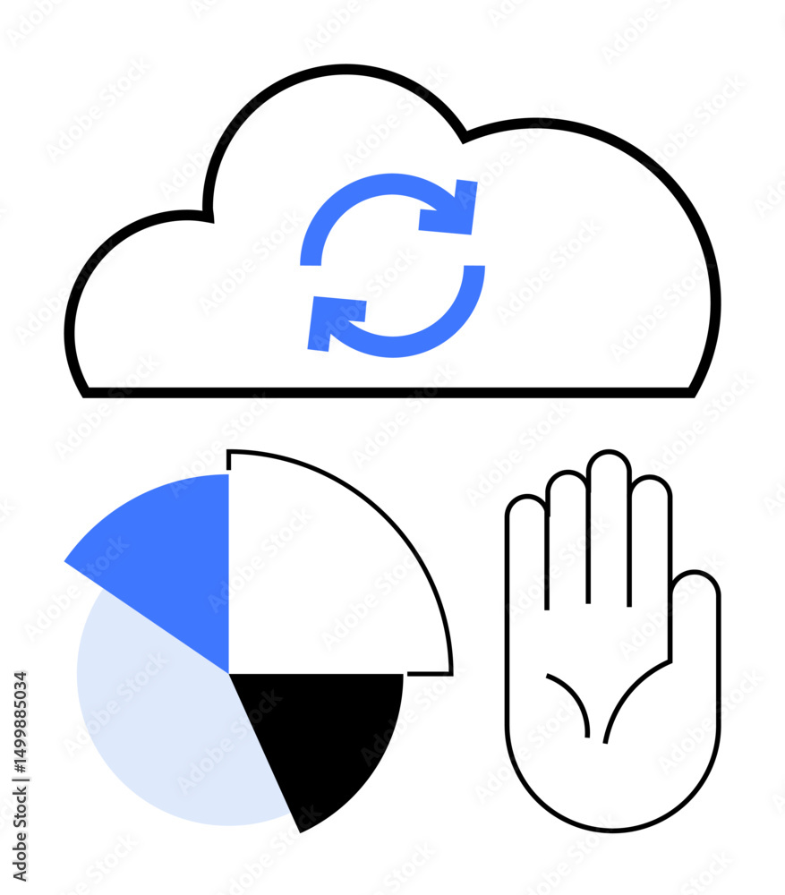 Poster cloud with sync arrows, segmented pie chart, and a raised hand. ideal for cloud computing, data anal