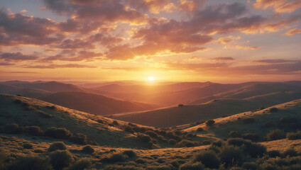 Majestic Sunset over Rolling Hills Breathtaking Nature Photography