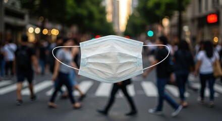 Obraz premium Protective face mask hanging in busy urban crosswalk with pedestrians 
