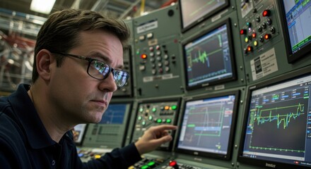 Man working with control panel and multiple screen showing data. Engineer using scientific equipment in laboratory for research.
