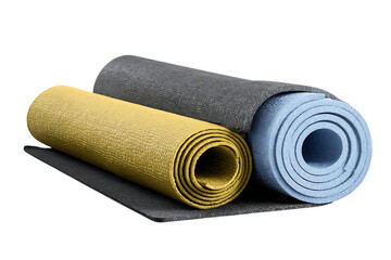Rolled up yoga mats in gray yellow and blue
