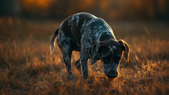 Elegant pointer dog rests during golden hour amongst amber field