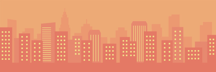 夕焼けに染まるビル群のイラスト © モツ煮子