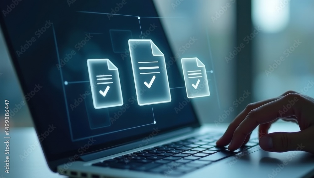 Poster digital document icons displayed on a laptop screen.