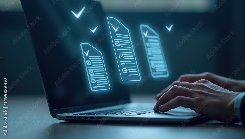 Poster hands typing on a laptop with digital checklist documents displayed.
