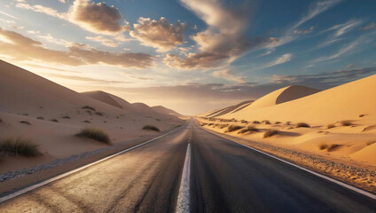 Desert Highway Sunset Scenic Road Through Golden Sands