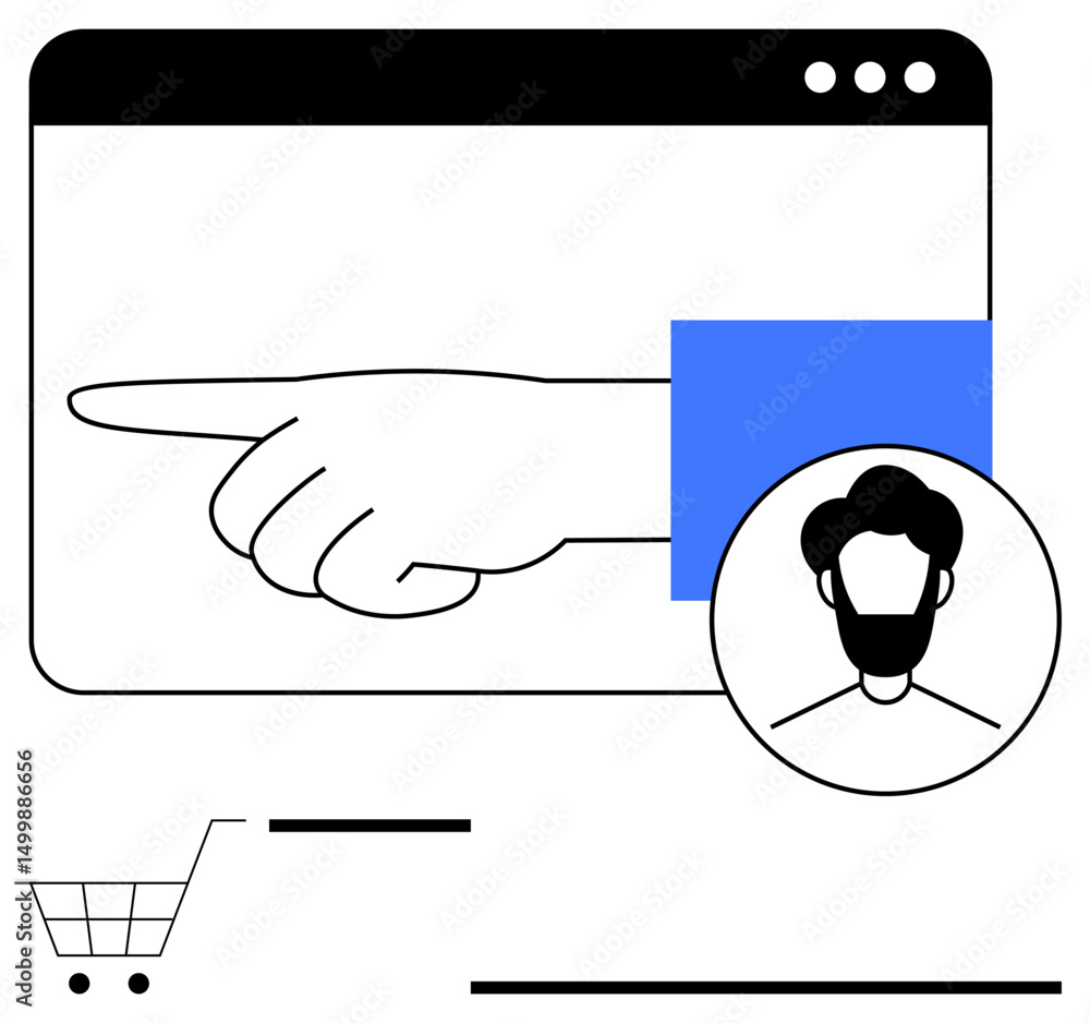Poster hand pointing in a web interface window with a user avatar and shopping cart icon. ideal for navigat