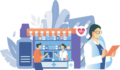 medical team of pharmacy with medicine vector illustration 
