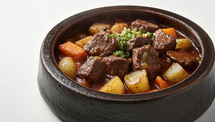 Stewed beef and root vegetables in a dark earthenware bowl