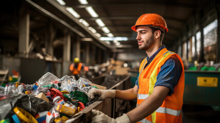 Worker working in recycling center with recyclable waste.
