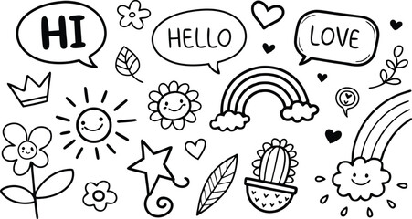cute hand drawn doodle vector set,a seamless vector doodle illustration in black and white. love, Natural , firework, cloud, weather, rainbow, snow, heart and creative design vector collection.