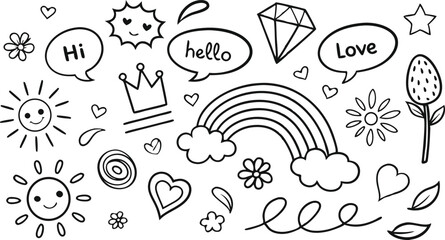 cute hand drawn doodle vector set,a seamless vector doodle illustration in black and white. love, Natural , firework, cloud, weather, rainbow, snow, heart and creative design vector collection.