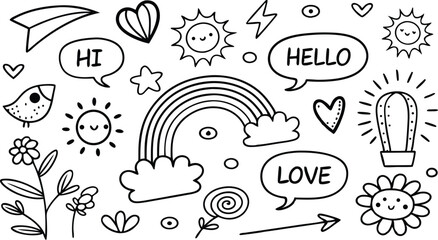 cute hand drawn doodle vector set,a seamless vector doodle illustration in black and white. love, Natural , firework, cloud, weather, rainbow, snow, heart and creative design vector collection.
