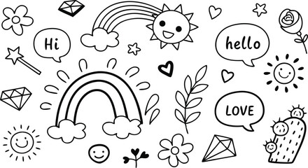 cute hand drawn doodle vector set,a seamless vector doodle illustration in black and white. love, Natural , firework, cloud, weather, rainbow, snow, heart and creative design vector collection.