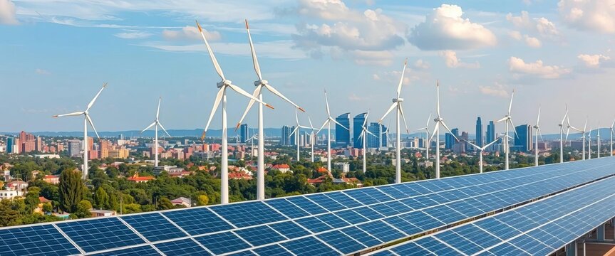 Wind turbines & solar panels on a cityscape backdrop, illustrating renewable energy integration, sustainable energy, renewable energy