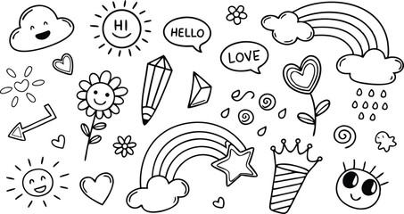 cute hand drawn doodle vector set,a seamless vector doodle illustration in black and white. love, Natural , firework, cloud, weather, rainbow, snow, heart and creative design vector collection.