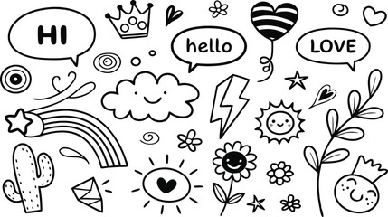 Fototapeta premium cute hand drawn doodle vector set,a seamless vector doodle illustration in black and white. love, Natural , firework, cloud, weather, rainbow, snow, heart and creative design vector collection.