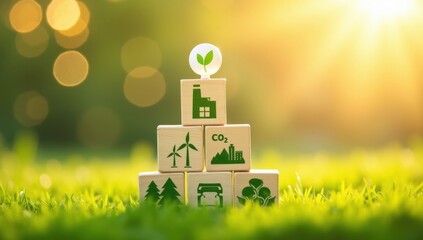 Wooden blocks with eco-friendly symbols stacked in a pyramid.