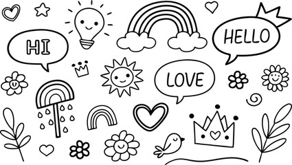 cute hand drawn doodle vector set,a seamless vector doodle illustration in black and white. love, Natural , firework, cloud, weather, rainbow, snow, heart and creative design vector collection.
