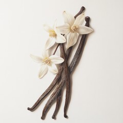 Vanilla pods and flowers on a white background