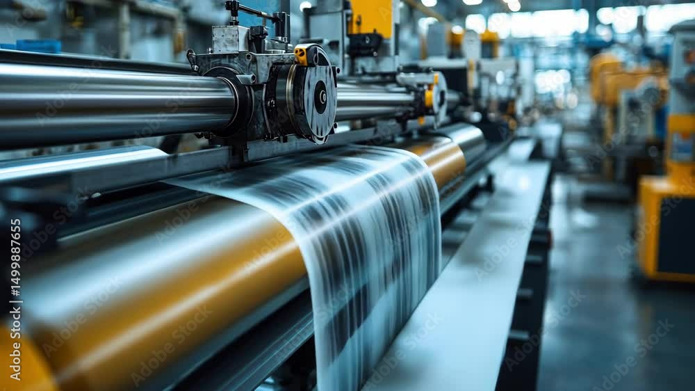 Poster industrial printing machine applying ink to paper in factory setting production process