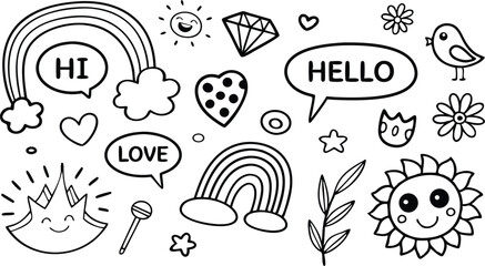 cute hand drawn doodle vector set,a seamless vector doodle illustration in black and white. love, Natural , firework, cloud, weather, rainbow, snow, heart and creative design vector collection.