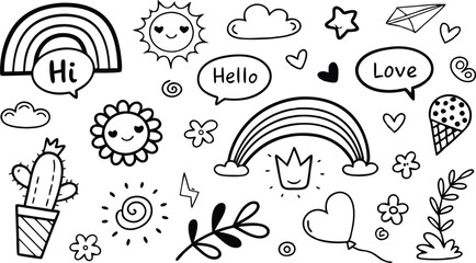cute hand drawn doodle vector set,a seamless vector doodle illustration in black and white. love, Natural , firework, cloud, weather, rainbow, snow, heart and creative design vector collection.
