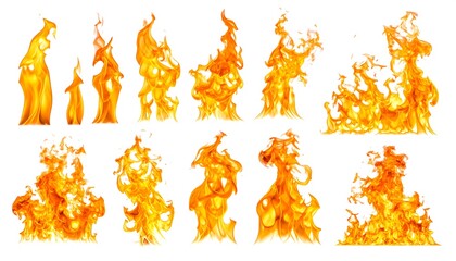 Fire flames collection with white background.