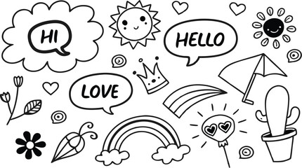 cute hand drawn doodle vector set,a seamless vector doodle illustration in black and white. love, Natural , firework, cloud, weather, rainbow, snow, heart and creative design vector collection.
