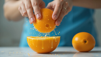 Zesting Citrus Bliss: Capture a moment of zestful culinary delight, a close-up shot of a person squeezing vibrant orange, illustrating freshness and culinary craftsmanship.