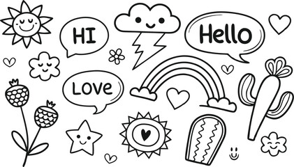 cute hand drawn doodle vector set,a seamless vector doodle illustration in black and white. love, Natural , firework, cloud, weather, rainbow, snow, heart and creative design vector collection.