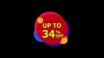 Abstract 34% Percent Off Flat Style Banner Sticker Colorful Label Popup Promotional lime green color 4k illustration. Colorful circle 34% OFF, Sale, Discounts, Special Offers etc. Black background 4k 