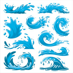 Fototapeta premium Cartoon Water Waves and Splashes, A Collection of Blue Water Graphics