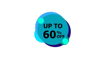 Abstract 60% Percent Off Flat Style Banner Sticker Colorful Label Popup Promotional black color 4k illustration. Colorful circle 60% OFF, Sale, Discounts, Special Offers etc. White background 4k.