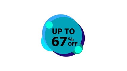 Abstract 67% Percent Off Flat Style Banner Sticker Colorful Label Popup Promotional black color 4k illustration. Colorful circle 67% OFF, Sale, Discounts, Special Offers etc. White background 4k.