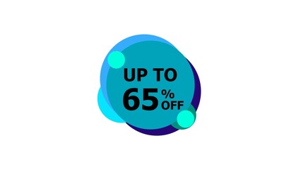 Abstract 65% Percent Off Flat Style Banner Sticker Colorful Label Popup Promotional black color 4k illustration. Colorful circle 65% OFF, Sale, Discounts, Special Offers etc. White background 4k.