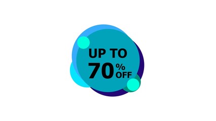 Abstract 70% Percent Off Flat Style Banner Sticker Colorful Label Popup Promotional black color 4k illustration. Colorful circle 70% OFF, Sale, Discounts, Special Offers etc. White background 4k.
