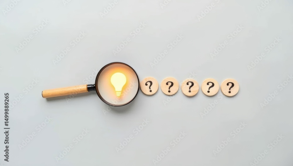 Poster illuminated lightbulb within magnifying glass, alongside multiple question marks.
