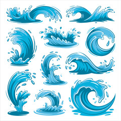 A collection of cartoon water wave illustrations, depicting various styles and forms of waves, splashes, and ripples.